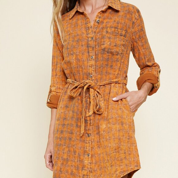 MYSTREE Burnt Orange Plaid Button Front Shirt Dress with Tie Waist - Picture 3 of 5